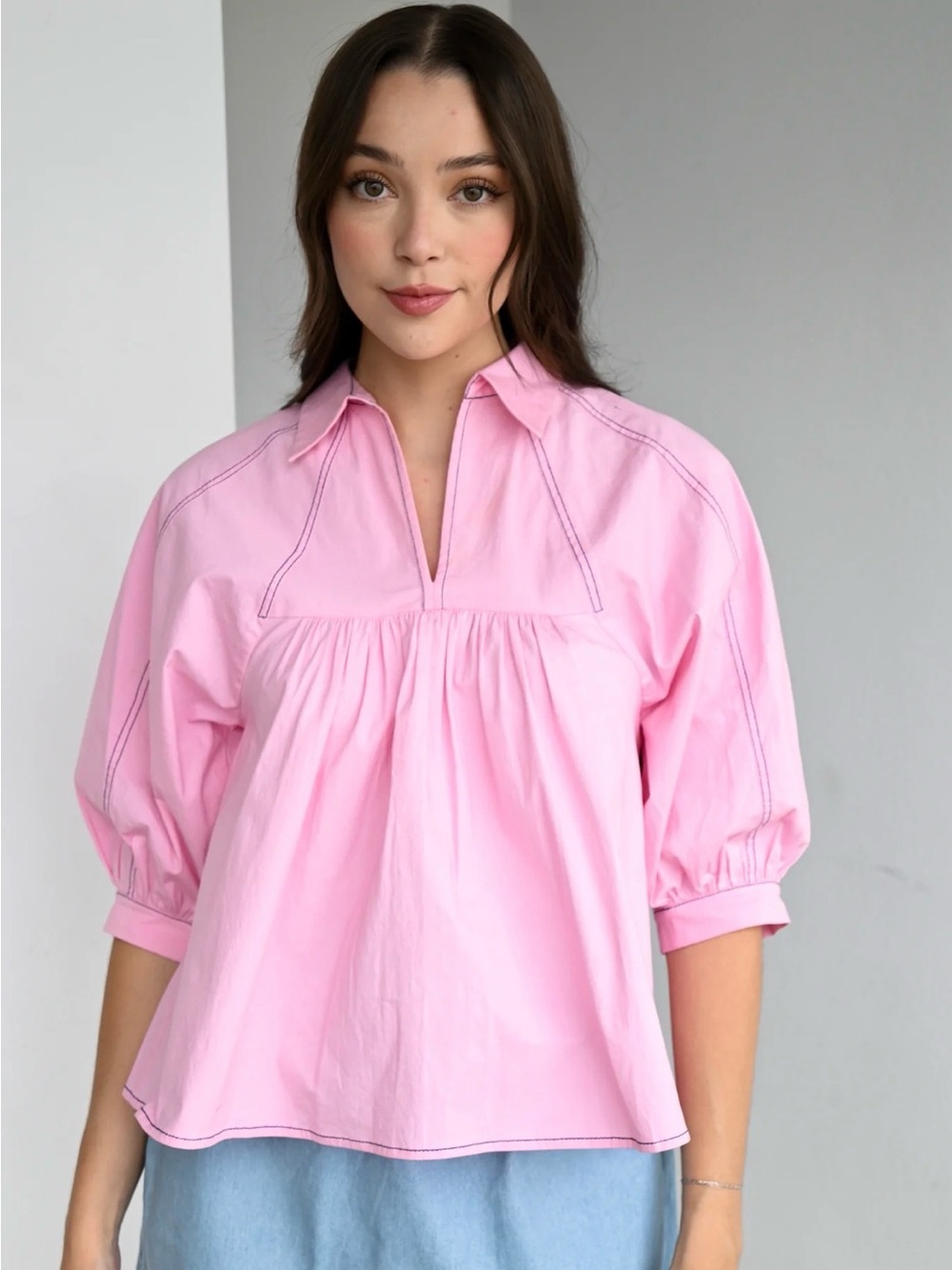 Wallflower Light Pink Split-Neck Peasant Blouse